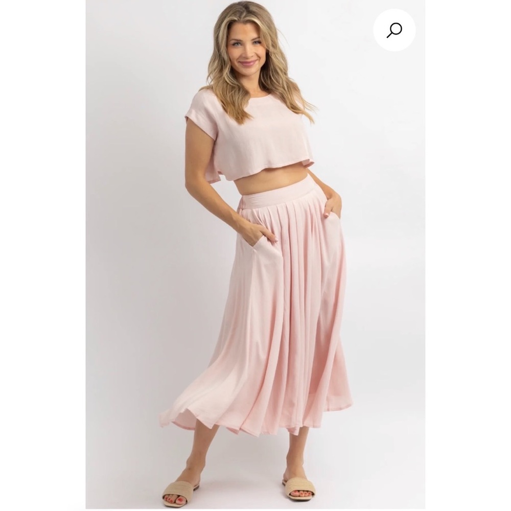 NWT Petal Pink Linen Like Crop + Midi Skirt Top Set L